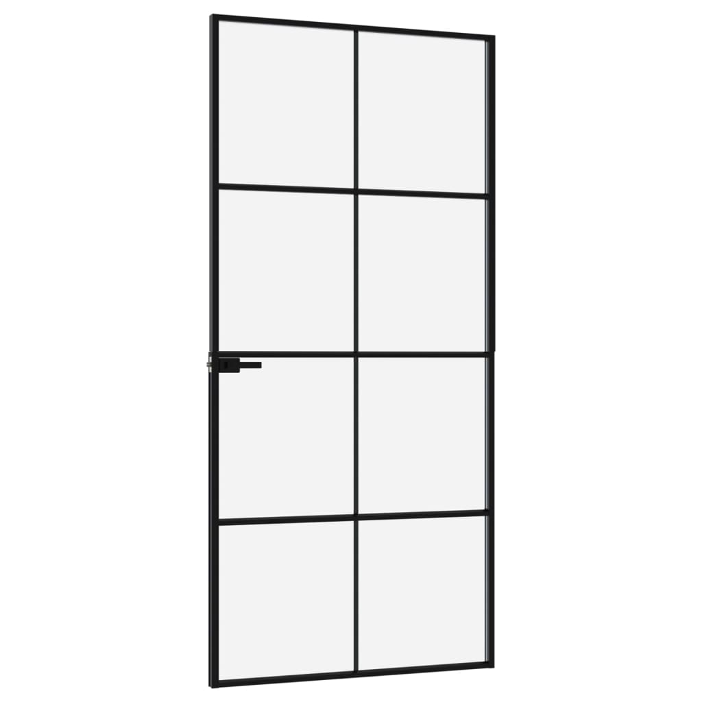 Binnendeur 93X201,5 Cm Gehard Glas En Aluminium Smal Zwart En Transparant