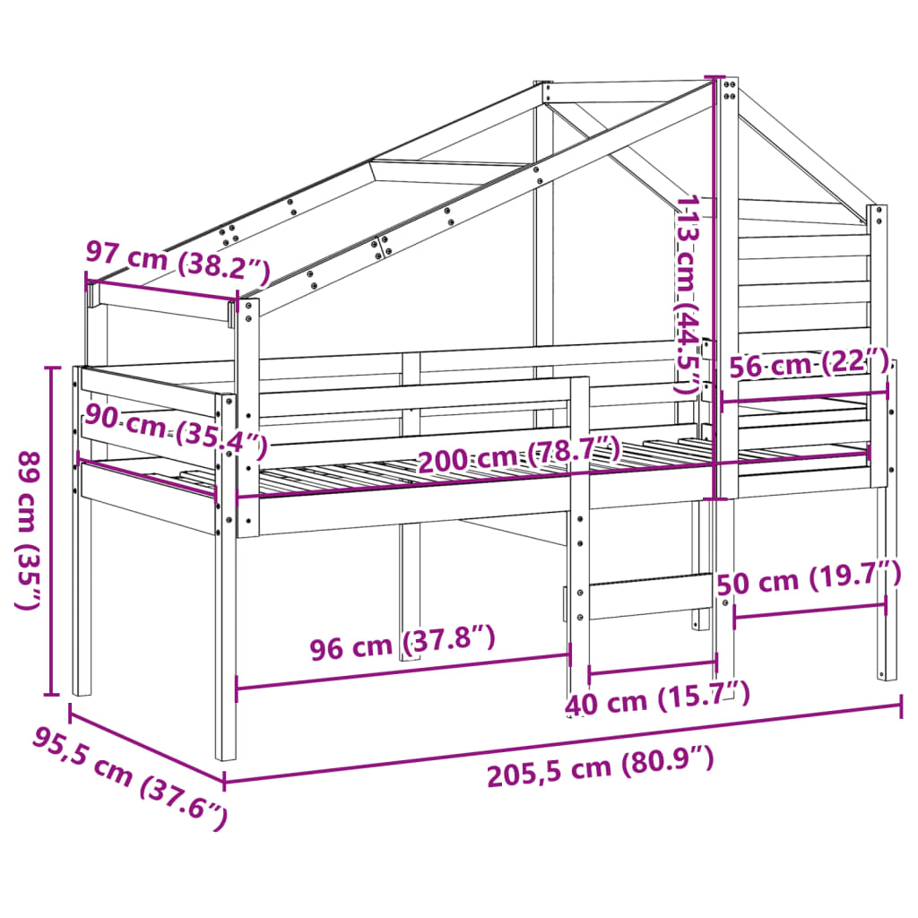 Halfhoogslaper Met Ladder En Bedhuis Grenenhout 90X200 Cm Zand