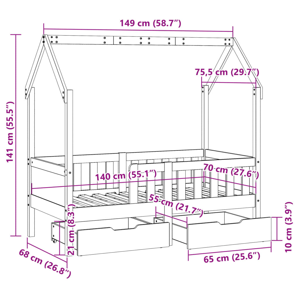 Kinderbedframe Met Lades Massief Grenenhout