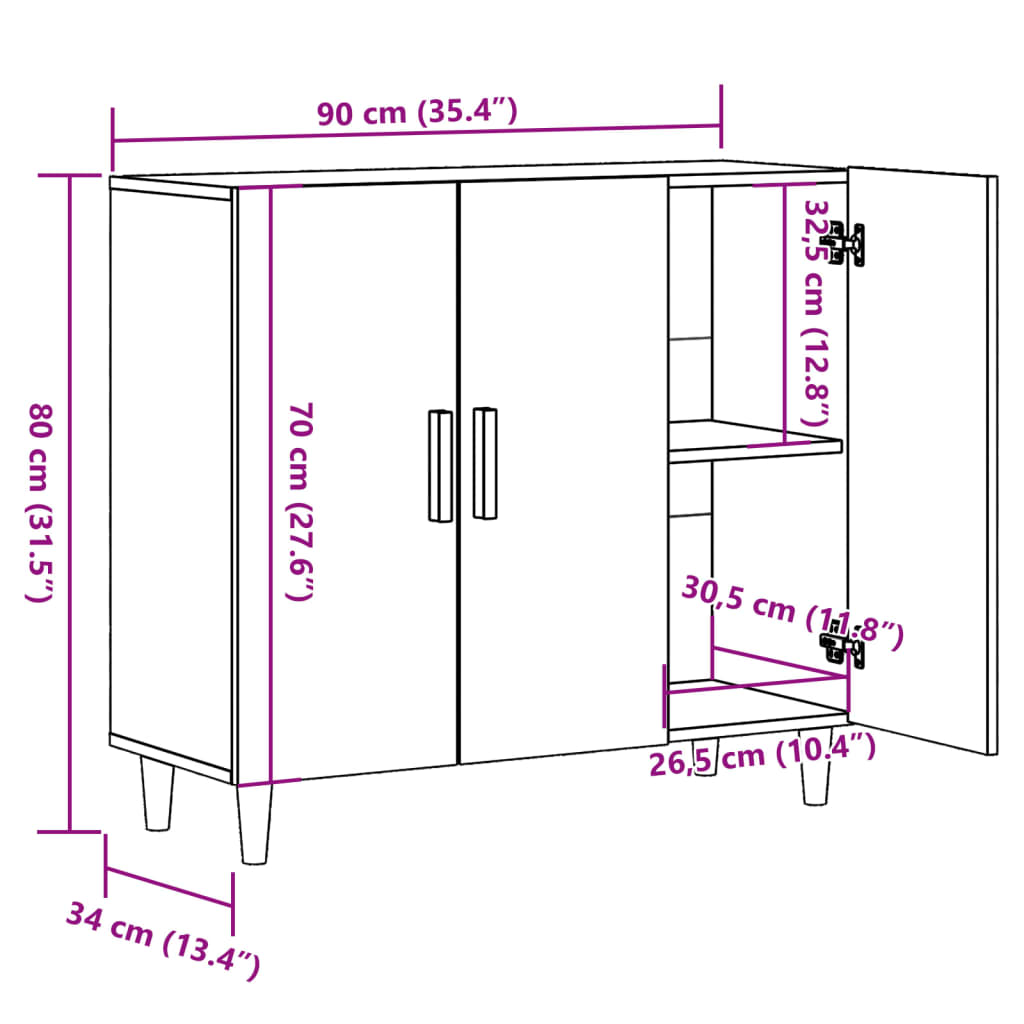 Dressoir 90X34X80 Cm Bewerkt Hout Artisanaal Eikenkleur