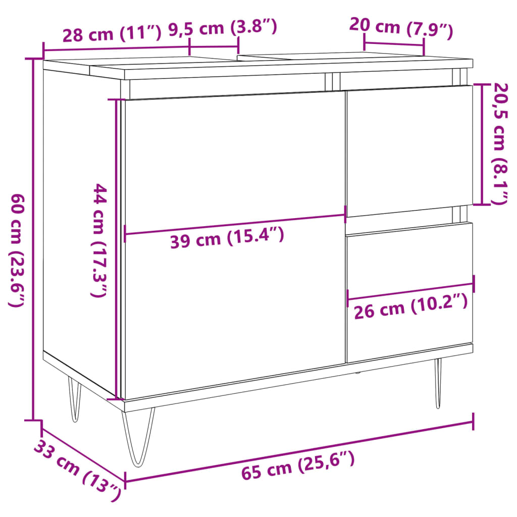 Badkamerkast 65X33X60 Cm Bewerkt Hout Artisanaal Eikenkleurig