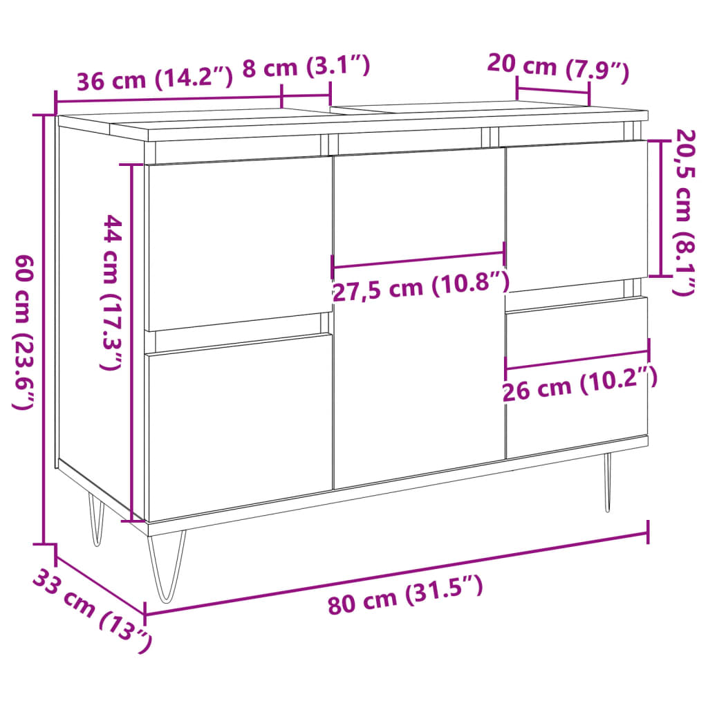 Badkamerkast 80X33X60 Cm Bewerkt Hout Betongrijs